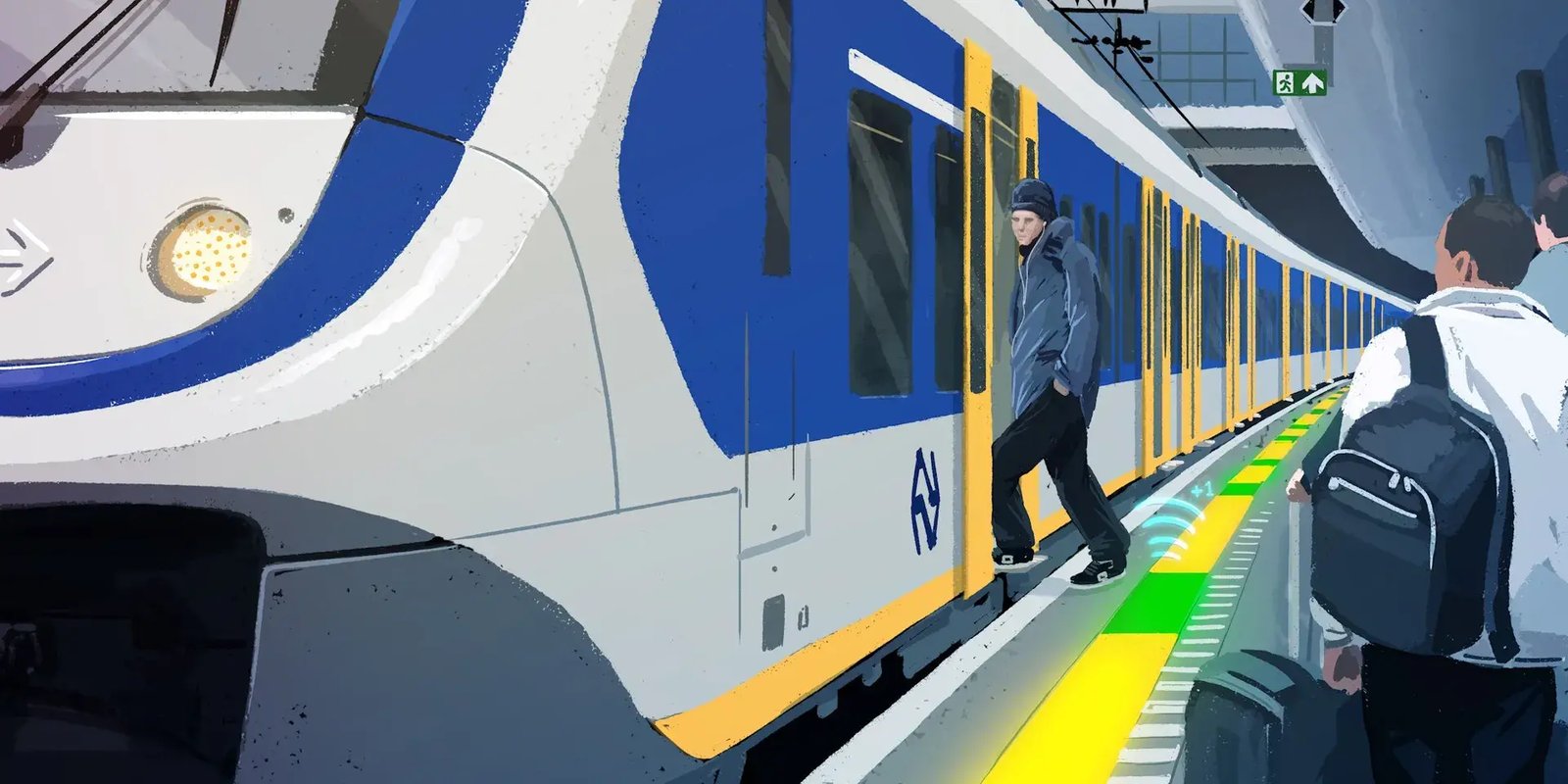 Illustratie of een NS trein aan een perron waar een persoon instapt