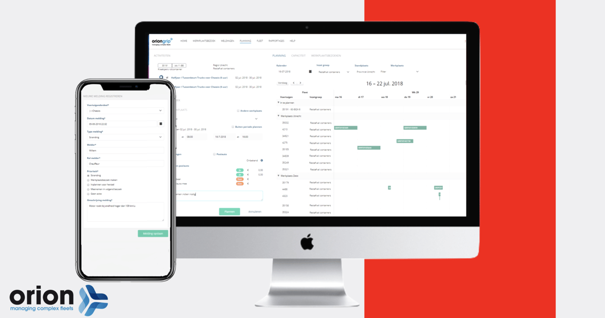 Een smartphone en een desktopcomputer tonen de Orion Grip software, waarmee complexe vlootplanning wordt beheerd. Het scherm toont meldingen en planning van werkplekken, met details over voertuigen en tijden
