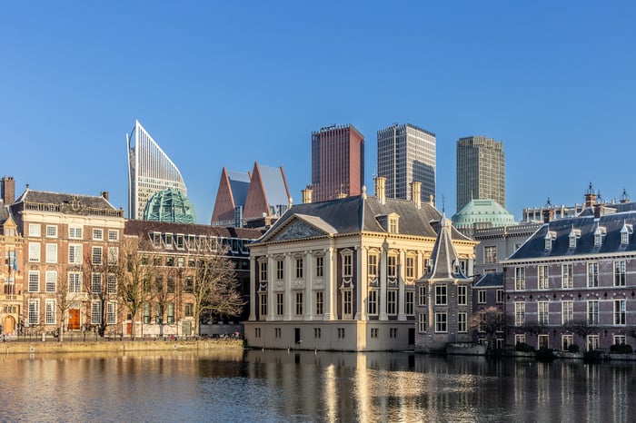 Het Mauritshuis en omliggende historische gebouwen aan de Hofvijver in Den Haag, met moderne wolkenkrabbers op de achtergrond onder een heldere blauwe lucht.