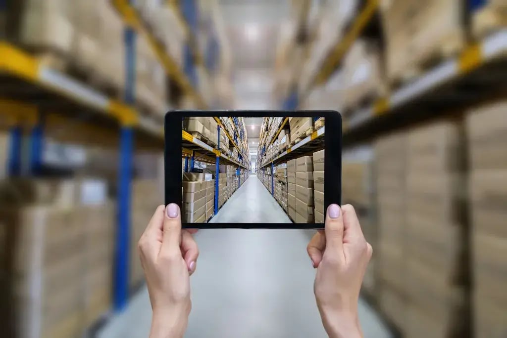 Someone holding a tablet to take a picture of a storage facility