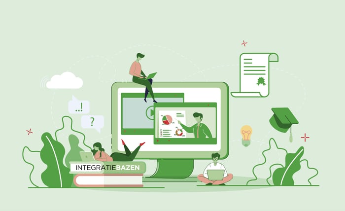 groene illustratie van computerscherm met bladeren en getekende mensen die om en op het scherm relaxen en op laptop kijken