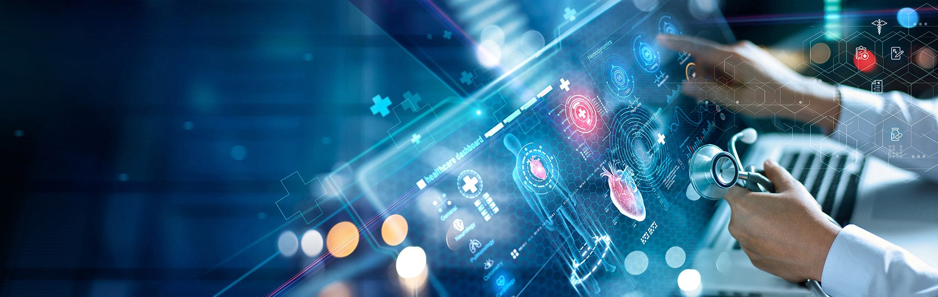 Digitale gezondheidsmonitor met medische gegevens en een stethoscoop.