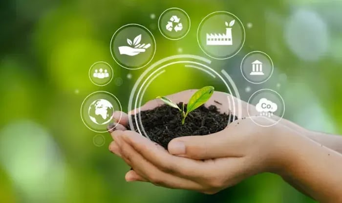 Handen die zand vasthouden waar een plantje uitgroeit met duurzame iconen eromheen