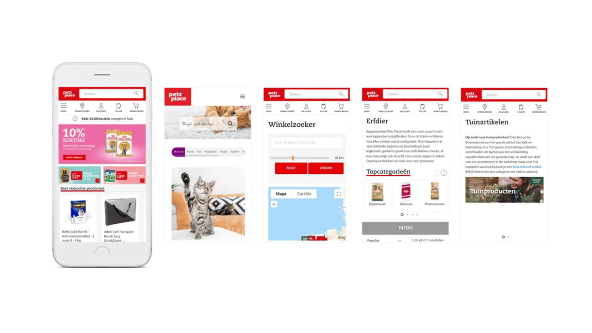 Mobiele en webschermen van de Pets Place-website die verschillende functionaliteiten tonen, zoals de startpagina, winkelzoeker, productcategorieën en tuinartikelen.