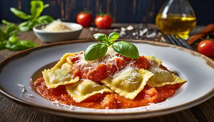Ravioli with tomato sauce.