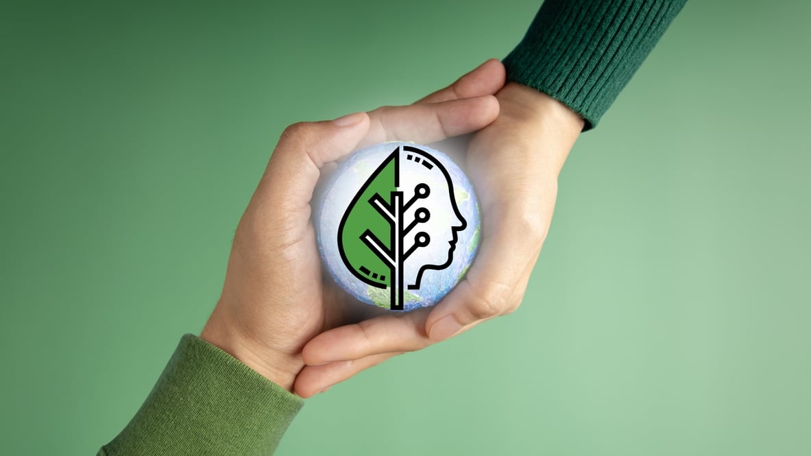 Illustratie van twee handen met in het midden een duurzaamheidsicoon