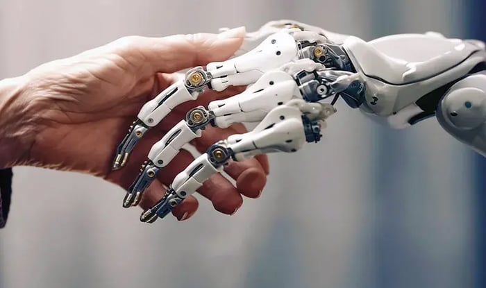 Mensen hand en robot hand schudden elkaar de hand