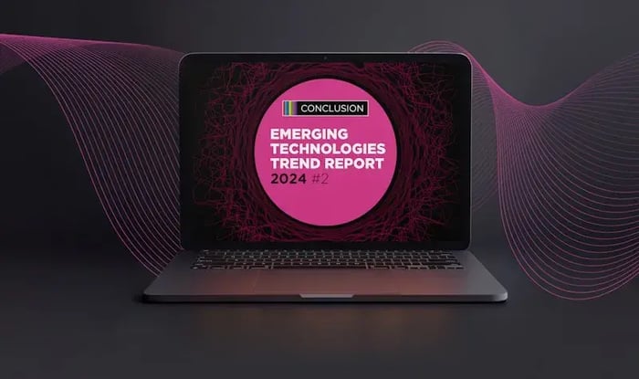 Illustration of a laptop screen with the text: Emeriging technologies trend report 2024 #2