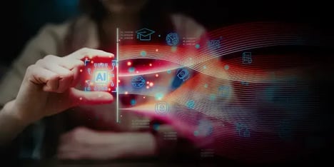 Hand die het woord 'AI' vasthoudt met daarnaast geïllustreerde 'data'