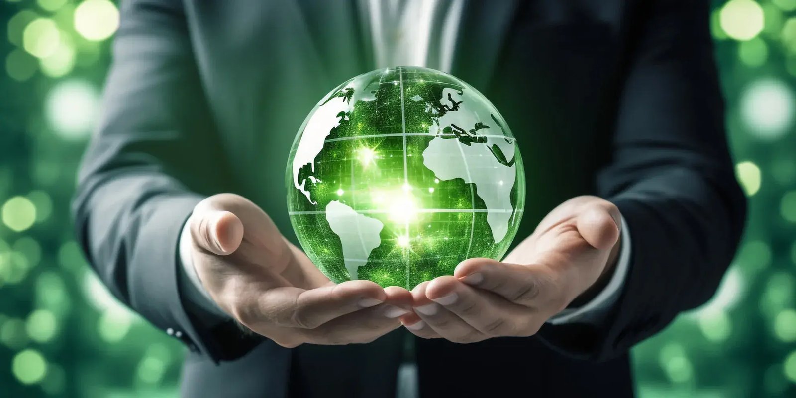 Green globe in the hands of a man.