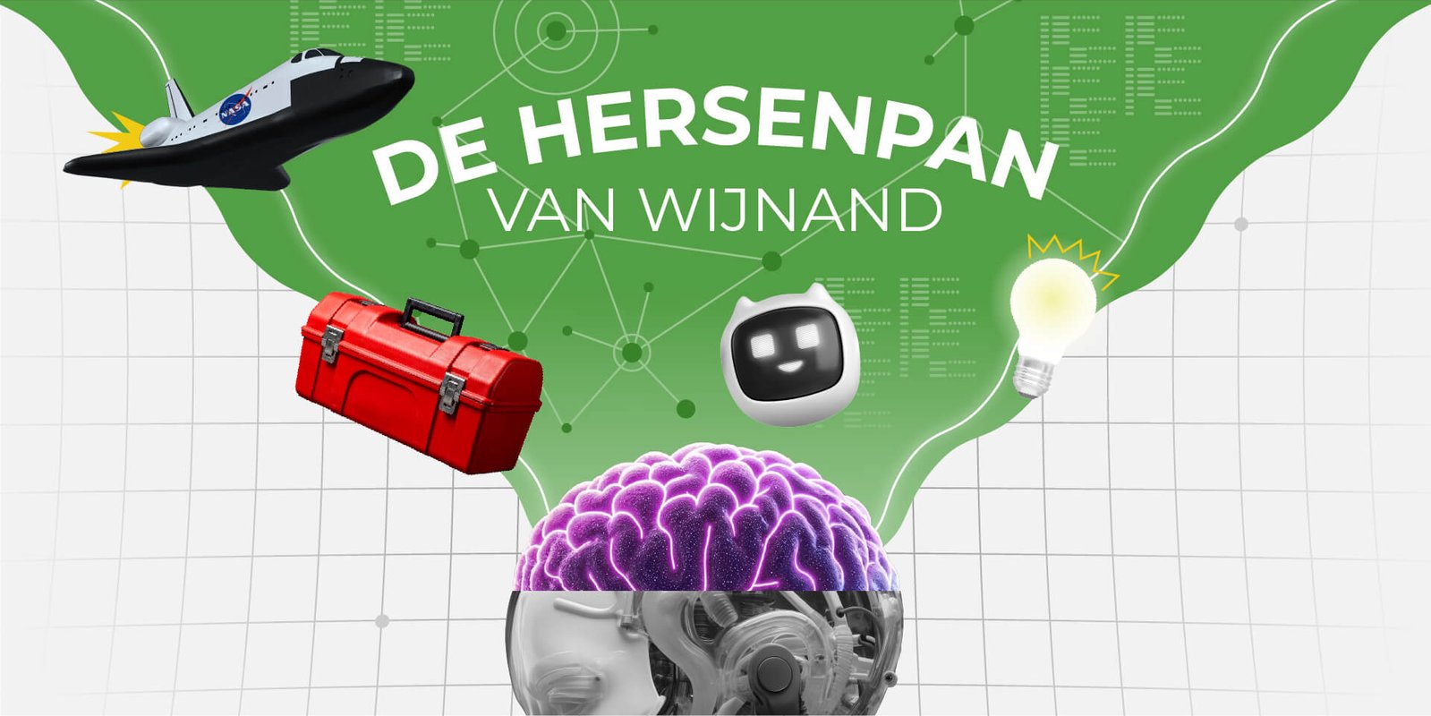 Hersens met een lampje, gereedschapskist, robot en raket.