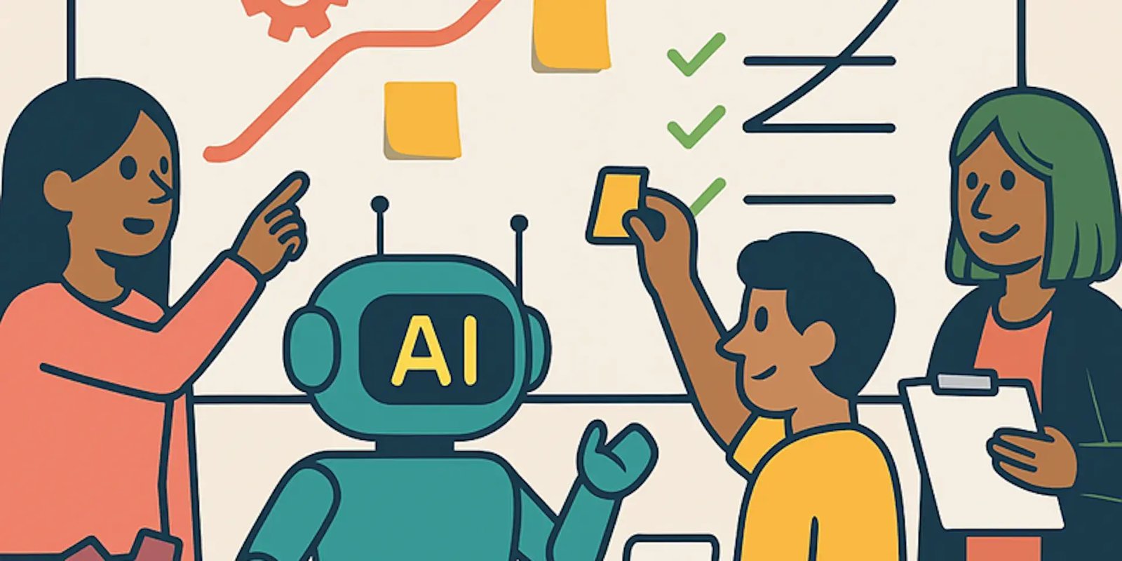 Tekening van AI robot met 3 mensen erom heen