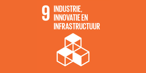 icoon van SDG 9 Industrie, innovatie en infrastructuur met witte blokken op oranje achtergrond.
