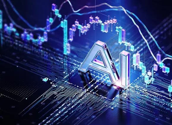 3D-illustratie van het woord AI met daaromheen lichtgevende lijnen.