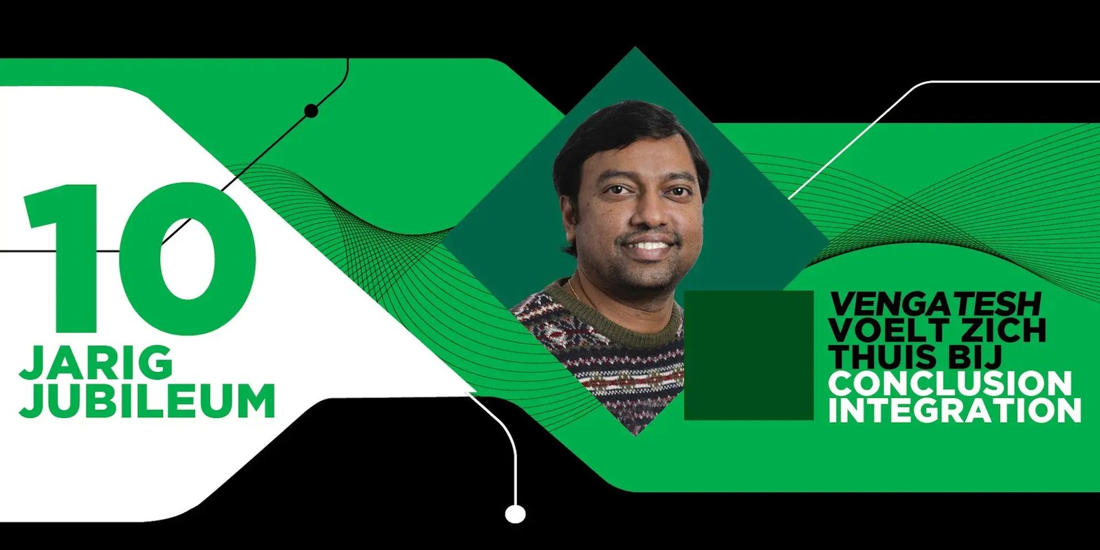 Foto van man voor 10 jarig jubileum met quote