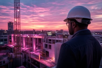 Man Overlooking Futuristic Magenta Construction Site