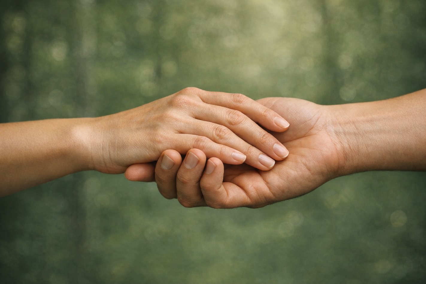 Handen ineen geslagen voor een achtergrond van een bos