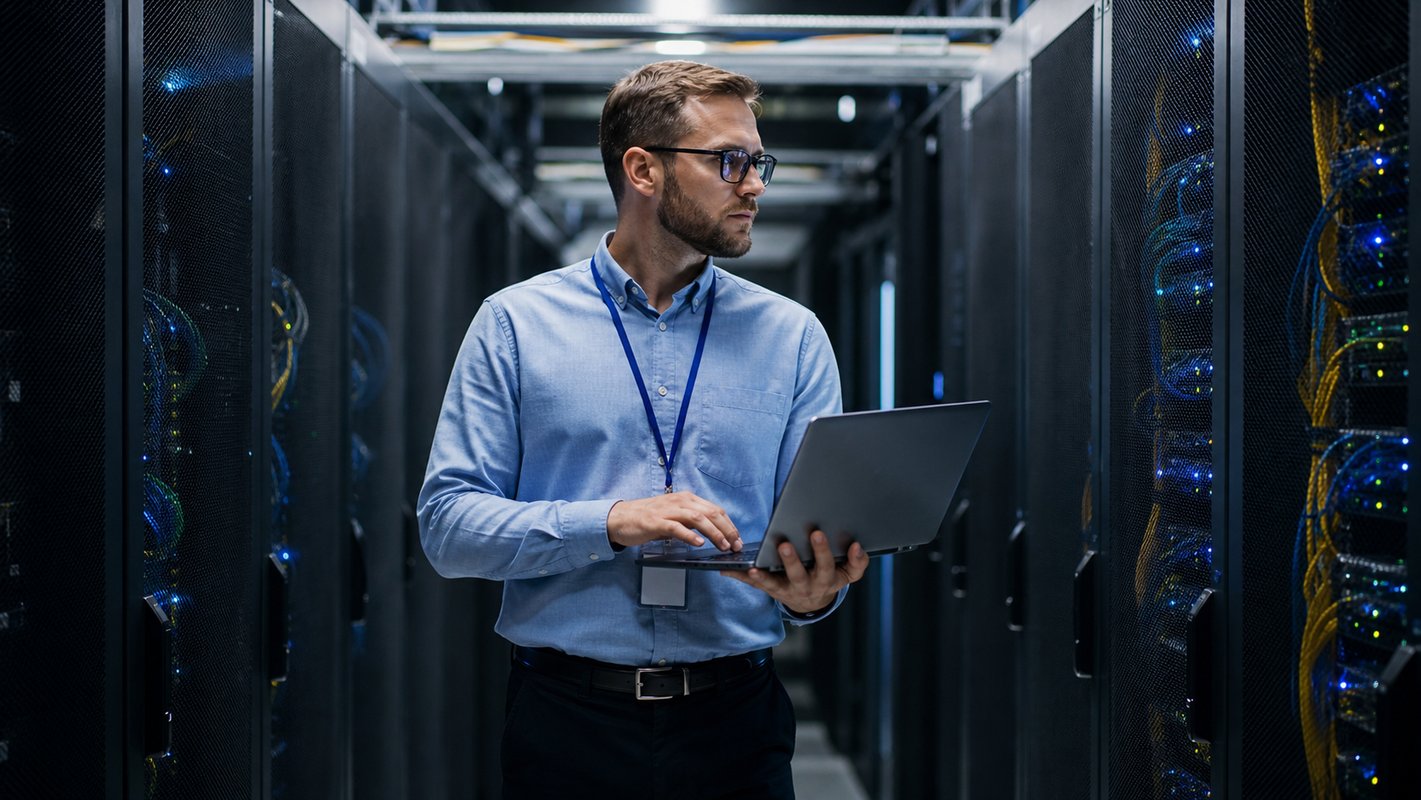 Security Specialist Monitoring Servers In Modern Datacenter