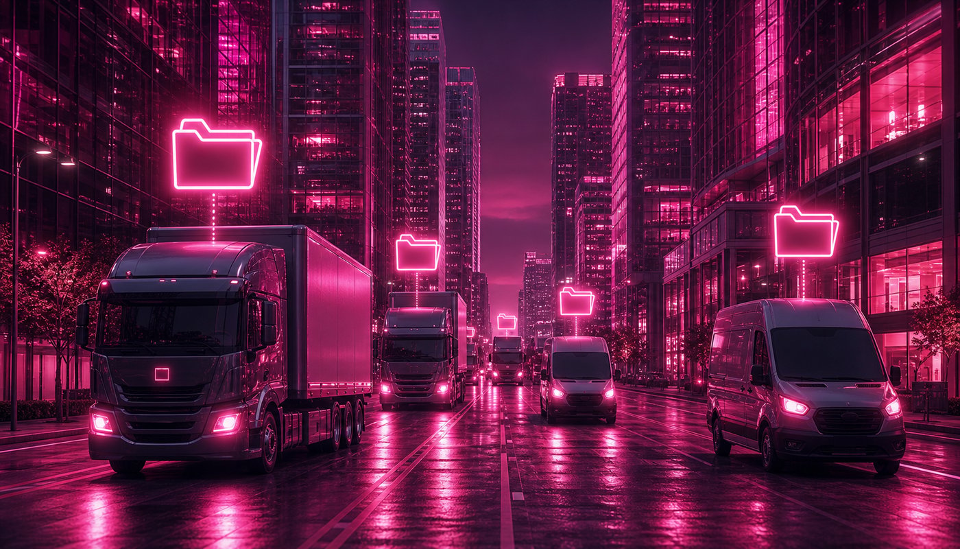 Vrachtwagens en -bussen in een magenta-neon verlichte straat met zwevende bestandsmap iconen