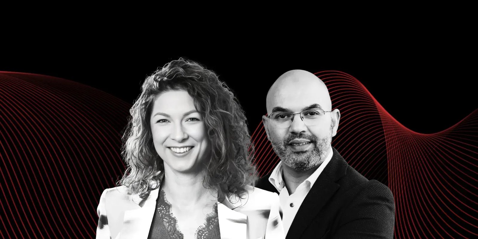 Illustratie foto van een vrouw met krullend haar en een man zonder haar met bril