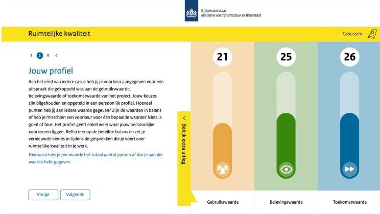 Pagina uit de leeroplossing met persoonlijke scores voor gebruikswaarde, belevingswaarde en toekomstwaarde.