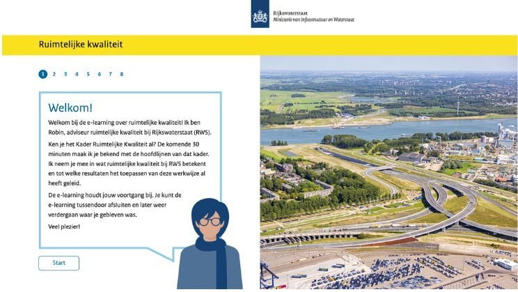 Welkomstpagina van de e-learning met introductietekst en luchtfoto van een infrastructuur- en landschapsgebied.