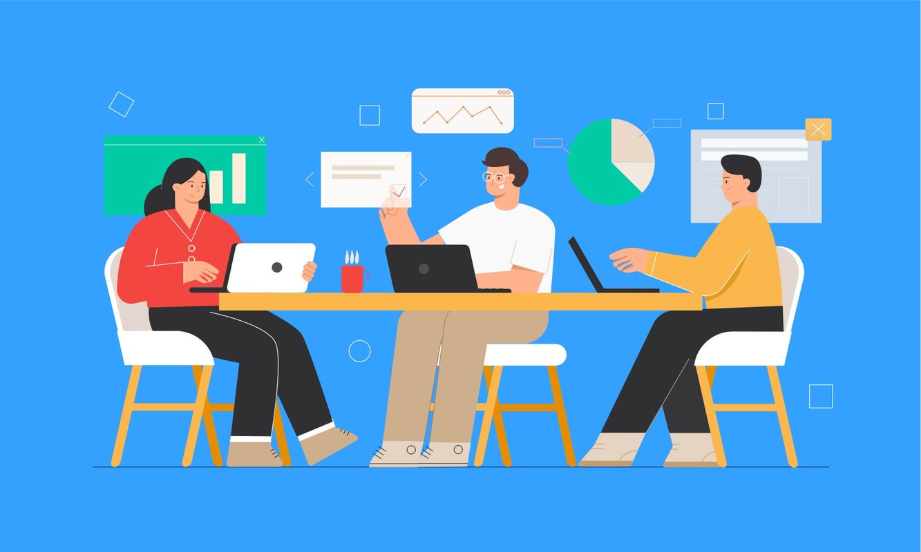 Illustratie van collega's die samenwerken achter laptops, omringd door data- en grafiekiconen.