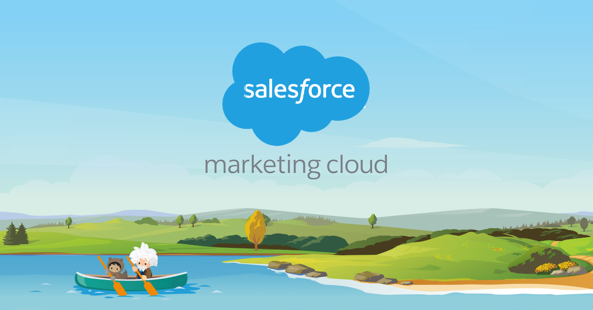 Salesforce Marketing Cloud logo boven een illustratie van twee mascottes die samen kanoën in een groen heuvellandschap.