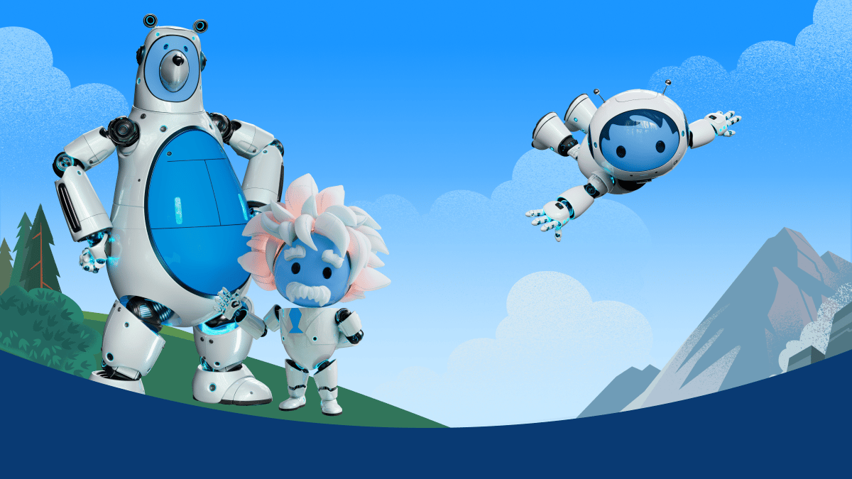 Salesforce Agentforce mascottes in een buitenscène met bergen.