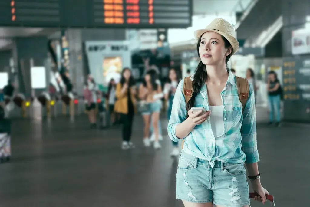 Dame staat in de gang van een treinstation