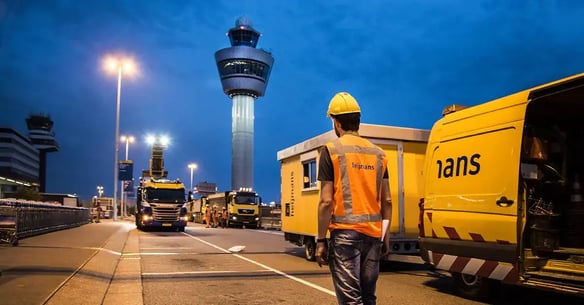 Heijmans medewerker in de schemering op de weg voor Schiphol