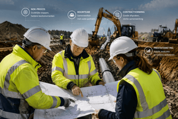 Overleg tussen diverse partners op de bouwplaats