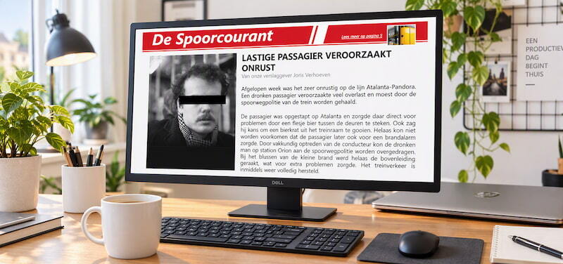 Beeldscherm op een bureau met een schermafbeelding over een lastige treinpassagier die voor onrust zorgt.