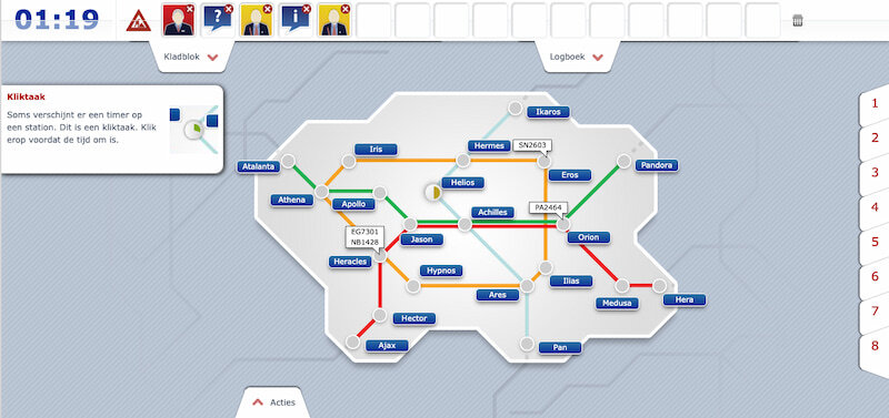 Schematische voorstelling van een spoornetwerk met stations, gekleurde spoorverbindingen, treinnummers en een timer.