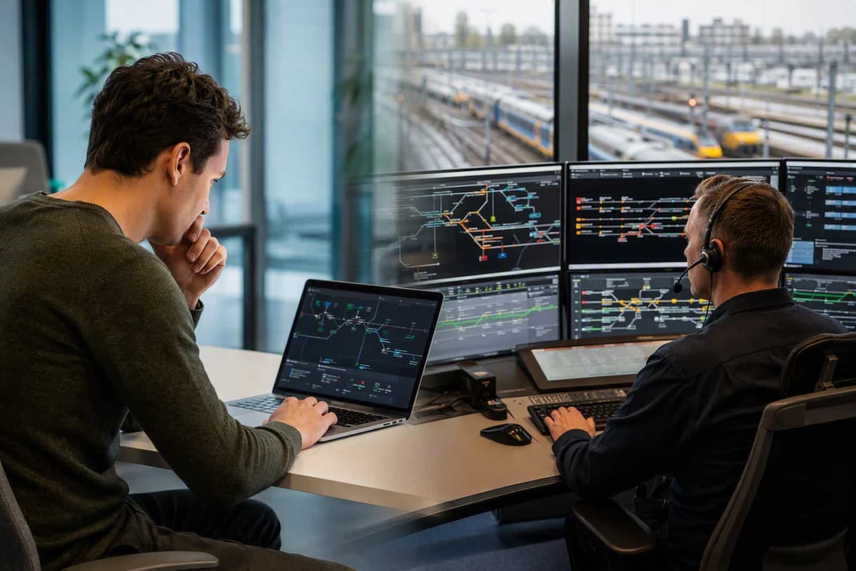 Twee personen werken achter meerdere beeldschermen met schematische spoorinformatie, met door het raam zicht op treinen en spoorlijnen.
