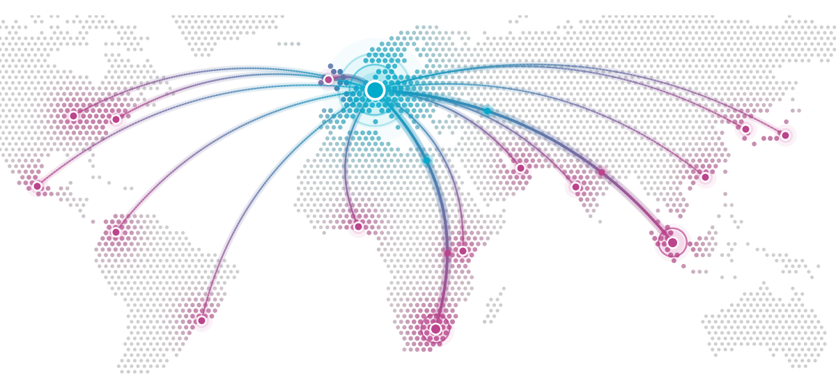 World map with CommandDeck Atoms on servers around the world, all linked to CommandDeck Cloud