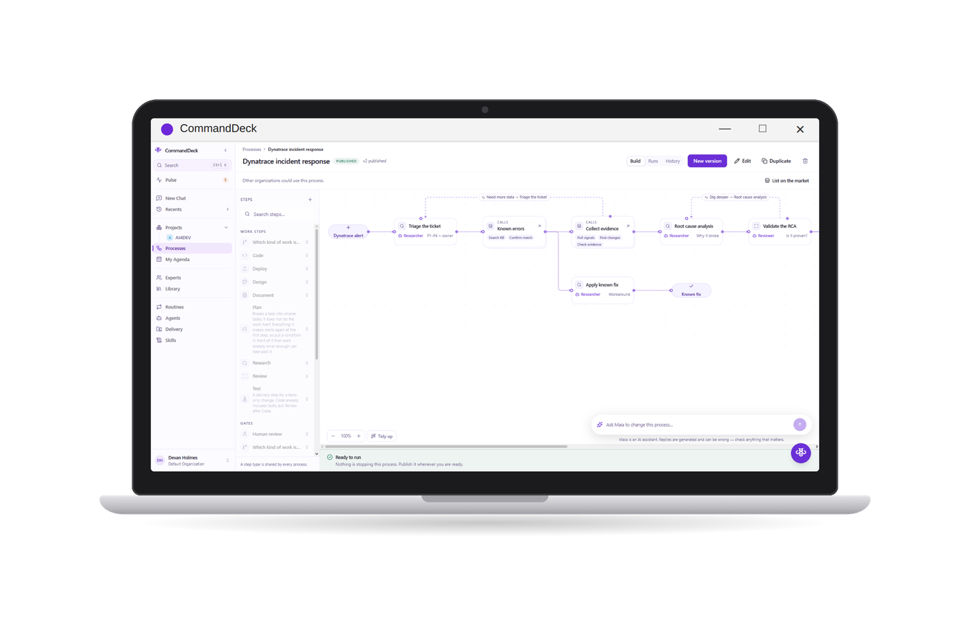CommandDeck on a laptop, showing a business process being built
