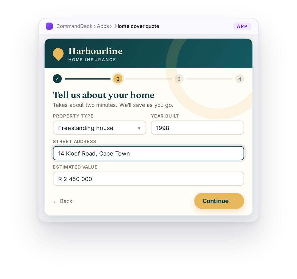 A branded insurance quote app running inside CommandDeck