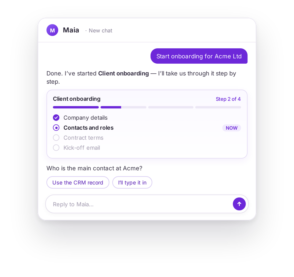 A client onboarding process guided step by step inside a chat