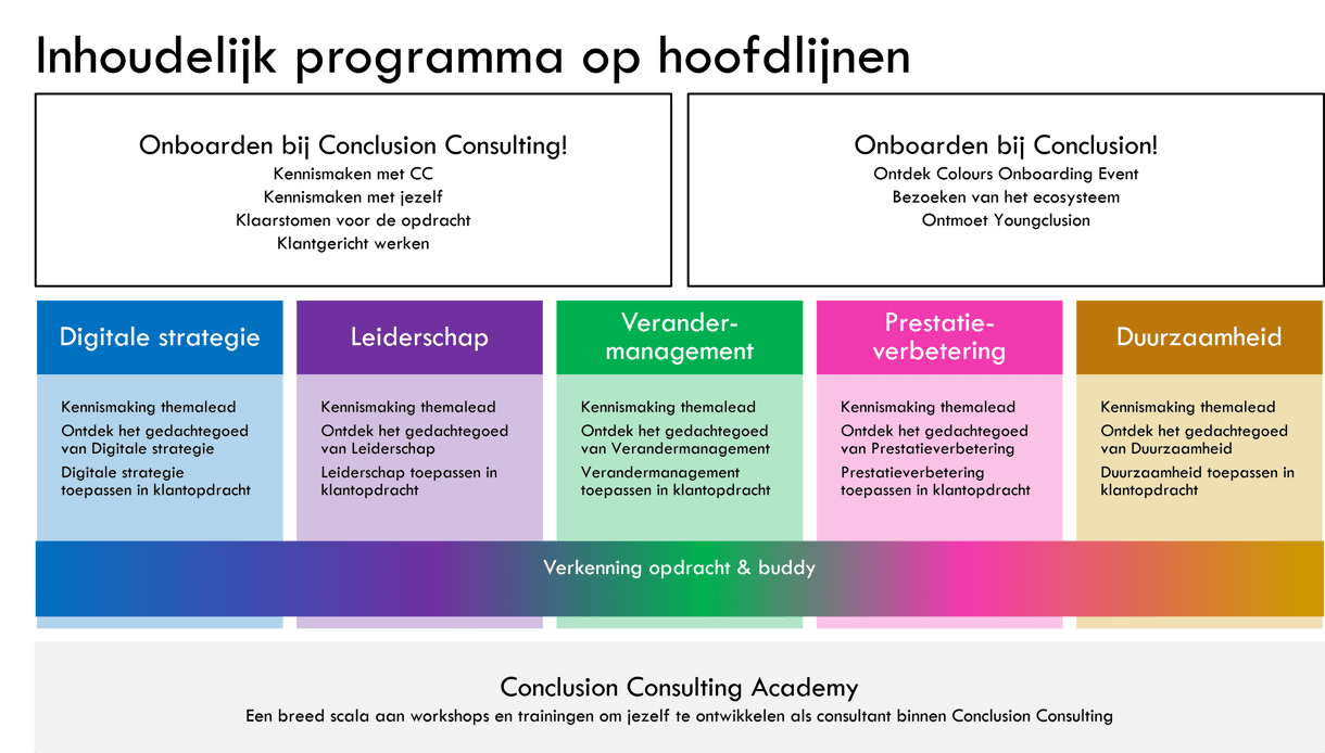 Infographic met het onboardingprogramma van Conclusion Consulting