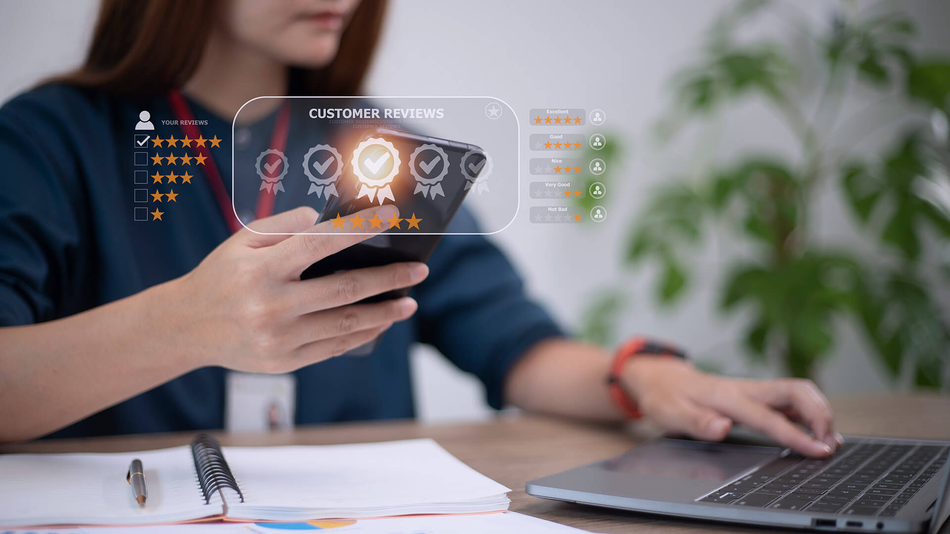 Customer reviews on a phone with a person and a laptop on the background.