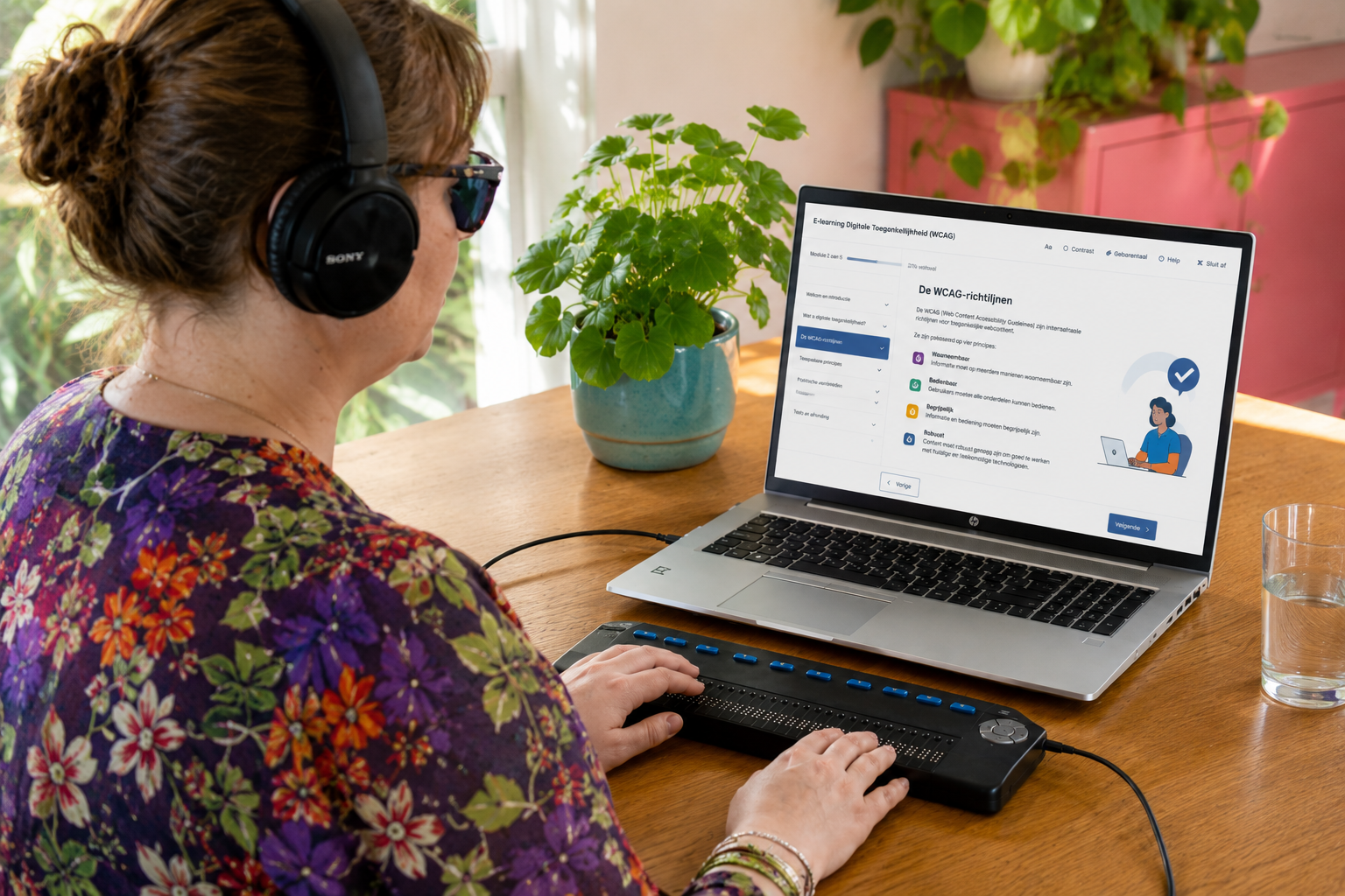 Persoon gebruikt een brailleleesregel tijdens een e-learning over digitale toegankelijkheid en WCAG-richtlijnen