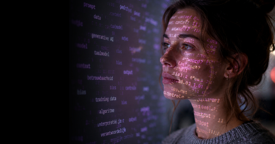 Vrouw paarse gloed AI - Hero